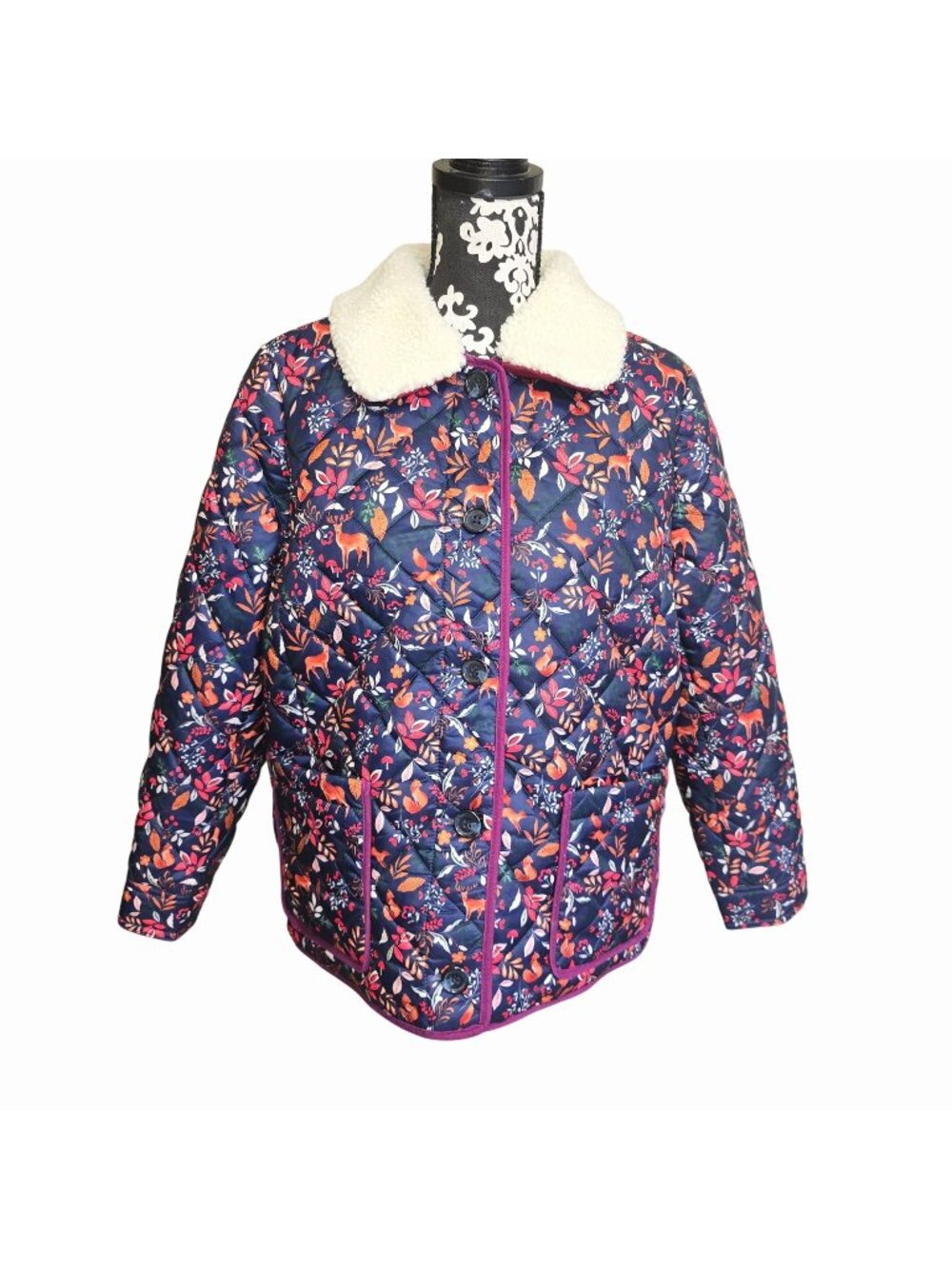 Talbots LP Quilted Bomber Jacket Navy Woodland Ditzty Fall Themed Sherpa Collar